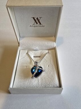 Angel Blue Heart Pendant Necklace with Crystal Accents